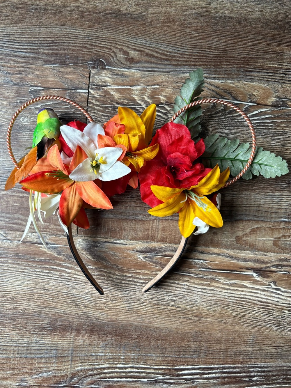 Disney Red & Orange Floral Tropical Enchanted Tiki Room Bird Mouse Ear Headband - Picture 4 of 6